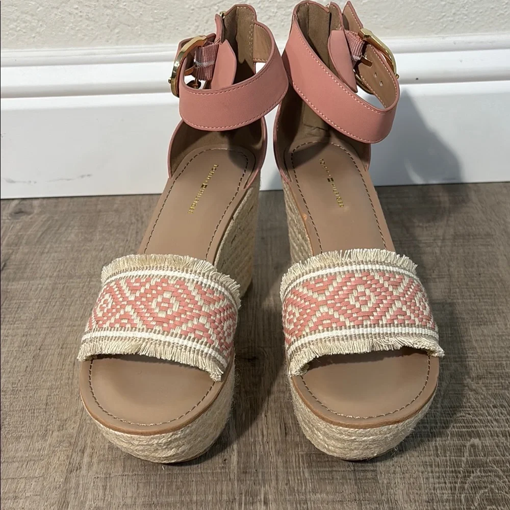 Tommy Hilfiger Pink and Cream Wedge Sandals with Ankle Strap nwot